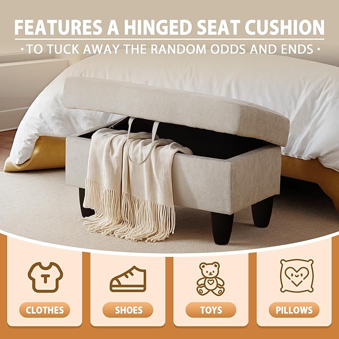 Ottoman Rectangular Storage Ottoman Bench, Flannel Footrest Stool Footstool with Lid for Living Room, Bedroom, Entryway, Khaki, 28.5"x19"x17.5"