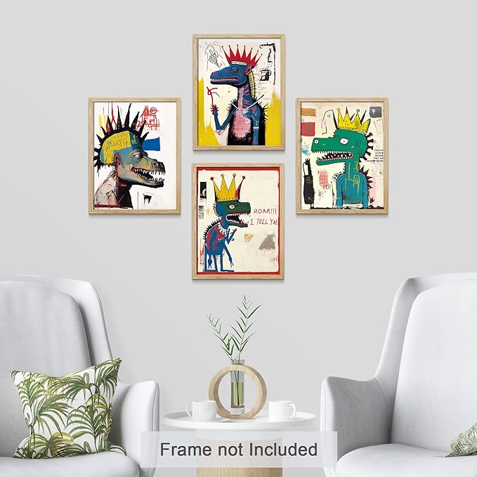 SIGNWIN Adhesive Canvas Poster Vintage Retro Antique Basquiat Dinosaur Print Digital Art Modern Art Decorative Elements Multicolor Contemporary for Living Room, Bedroom, Office - 12"x16"x4