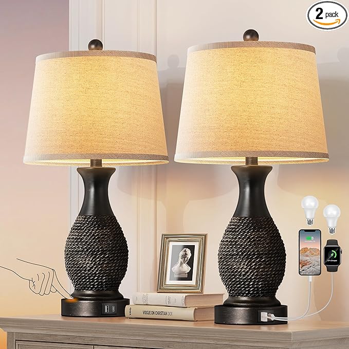 PARTPHONER Table Lamps Set of 2, Bedside Touch Lamp with USB C+A Charging Ports, Side Table Lamp with Linen Fabric Shade (LED Bulbs Included), Black with Gold Accents