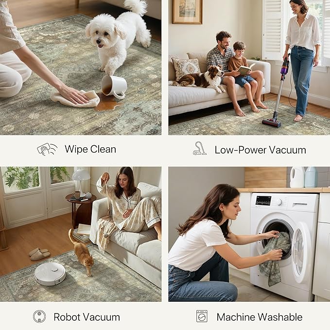 Runner Rug for Hallway Kitchen, 2x8 Machine Washable Runners Rug for Entryway, Soft Modern Boho Throw Rugs, Low Pile Floor Cover with Non Slip Backing, Distressed Light Greyish Sage Green