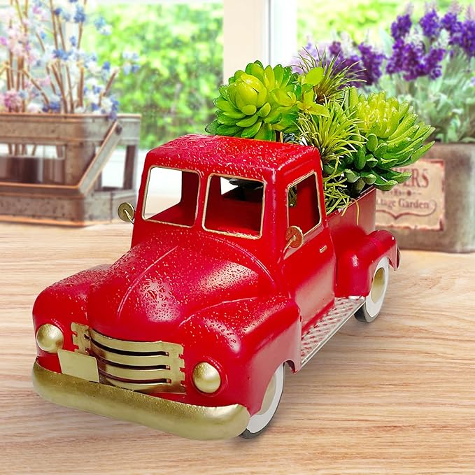 Red Vintage Metal Truck Decor, Red Christmas Truck Decor , Decorative Trucks For Your Home Kitchen, Bedroom, Office, Living Room, Bathroom, & Holiday Shelf Farmhouse Centerpiece Table Decorations