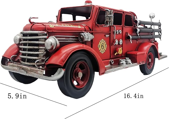 Retro Fire Truck Diecast Model - Metal Miniature Vehicles, Large Fire Fighting Truck Decor, 16.4'' Long