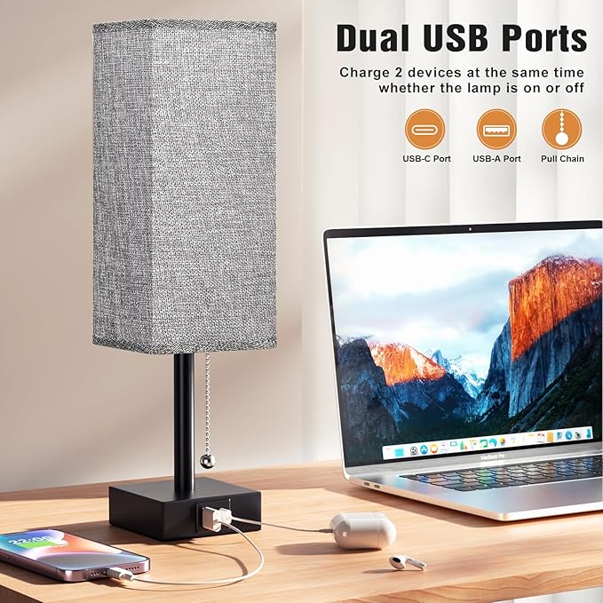 Bedside Table Lamps Set of 2 - Gray Bedroom Lamps with 3 Color Temperatures (3000K/5000K/4000K), Square Nightstand Light with USB C + A Charging Ports, Pull Chain Small Night Light