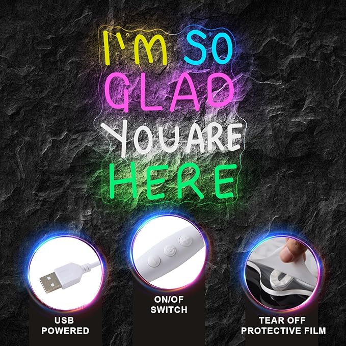 LED I'm So Glad You Are Here Neon Sign Dimmable LED Neon Light for Wall Decor Classroom USB Powered Multicolored Light Up Sign School wedding Kid Room Party