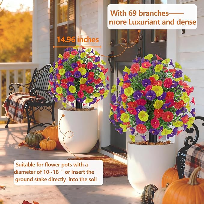 22.8" Set of 2 Fall artificial Boxwood topiary Ball tree for outdoors with Spike,UV Resistant Faux Shrubs Outdoor with morning glory flowers,Faux Plants Bushes for Garden Porch Yard Patio Decor Mix