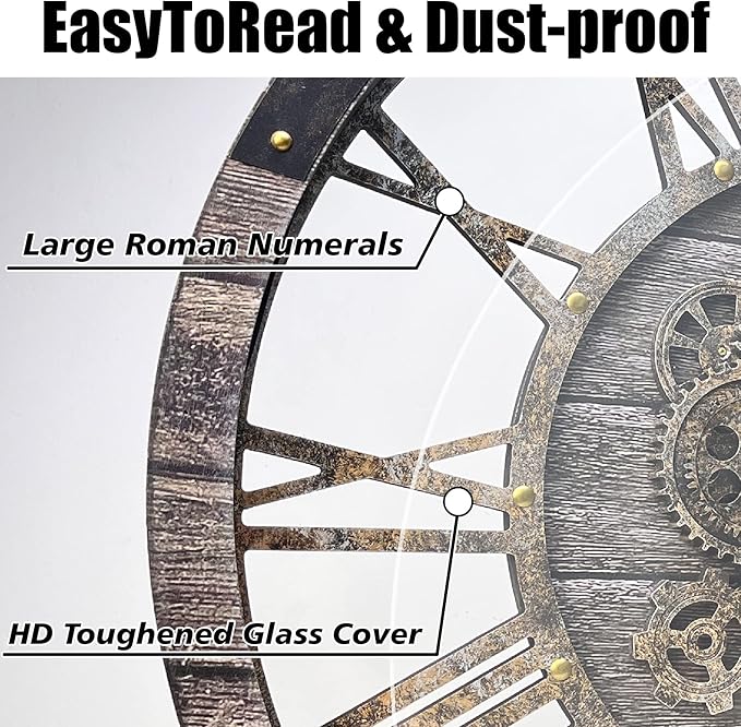DORBOKER 36" Extra Large Wall Clock with Moving Gears, Oversized Giant Industrial Steampunk Rustic Clocks for Wall Decor Living Room Home Office, Solid Wood Retro Metal,Carbon Grey