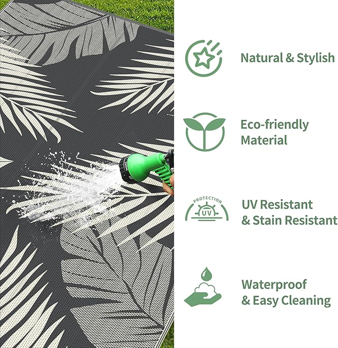 GENIMO Outdoor Rug 6' x 9' Waterproof for Patios Clearance, Reversible Plastic Straw Camping Carpet, Large Area Rugs Mats for RV, Picnic, Backyard, Deck, Balcony, Porch, Beach, Yellow&Grey