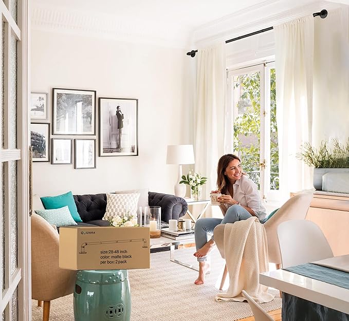 Curtain Rods for Windows 40 to 76, Black Adjustable Curtain Rod, Wrap Around Blackout Curtain Rod, Heavy Duty Industrial Curtain Rods, 1 Inch Outdoor/Indoor Drapery Pole 40-76"