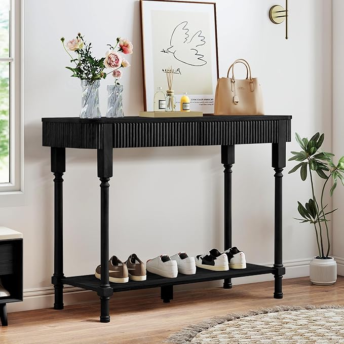 43.3”Console Table with 2 Drawers, Modern Retro Entryway Table with Fluted Panel & Storage Shelf, Narrow Wood Behind Couch Sofa Table for Living Room, Foyer, Hallway(Black)