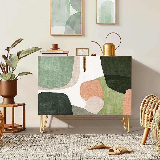 SIGNWIN Sideboard Buffet Cabinet, Kitchen Storage Cabinet with 2 Doors, Mid-Century Pastel Polygons Geometry Nordic Boho, Cupboard Console Table for Dining Room - 35" L x 18" W x 29" H