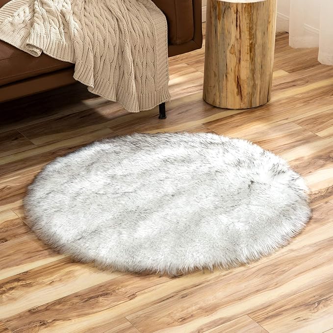 Latepis Grey and White Small Round Rug 3ft Faux Sheepskin Fur Circle Rug for Living Room Bedside Fluffy Shag Rugs Cute Room Décor