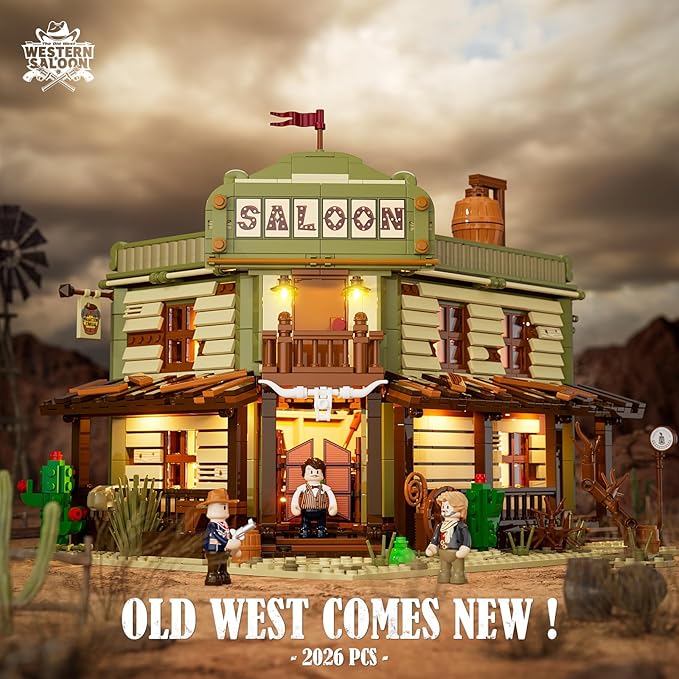 FUNWHOLE Western-Saloon Lighting Building-Bricks Set - The Old West Saloon LED Light Construction Building Model Set 2026 Pcs for Adults and Teen