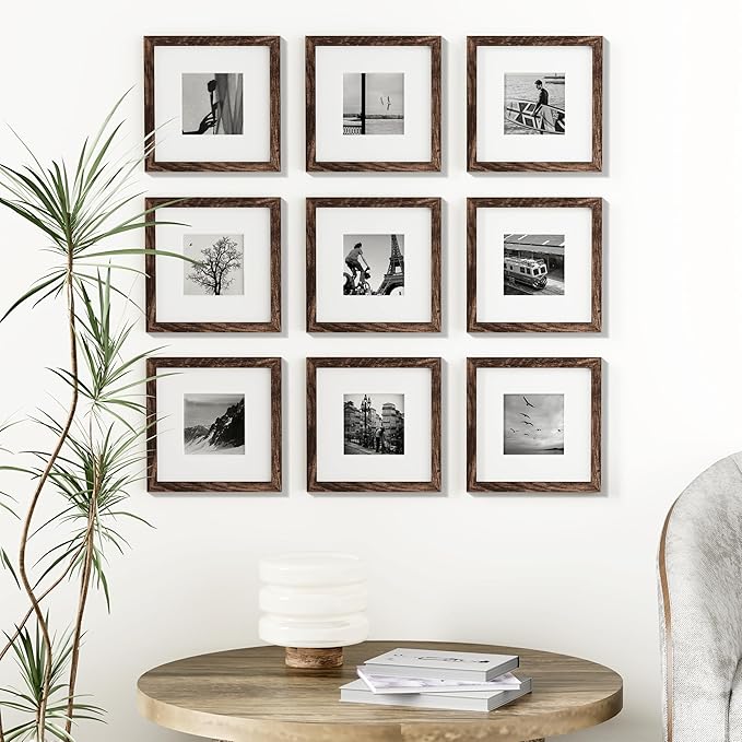 Vittanly 8x8 Picture Frames Set of 9, Shatter Resistant Plexiglass, Display 4x4 Pictures with Mat or 8x8 without Mat, Photo Frames for Wall Mount, Engineered Wood, Brown