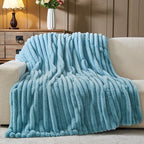 NEWCOSPLAY Faux Fur Twin Blanket Blue 3D Ribbed Plush Thick Warm Blanket for Couch Sofa Bed 850GSM (Blue Ribbed, Twin(60"x80"))