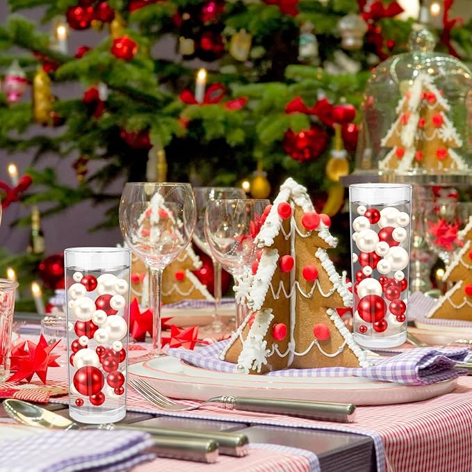 200PCS Red White Faux Pearls Beads for Centerpiece Vases, Vase Filler Faux Pearls, No Holes Filler Beads for Party Anniversary Birthday Wedding Table Decor, 10/14/20/30mm