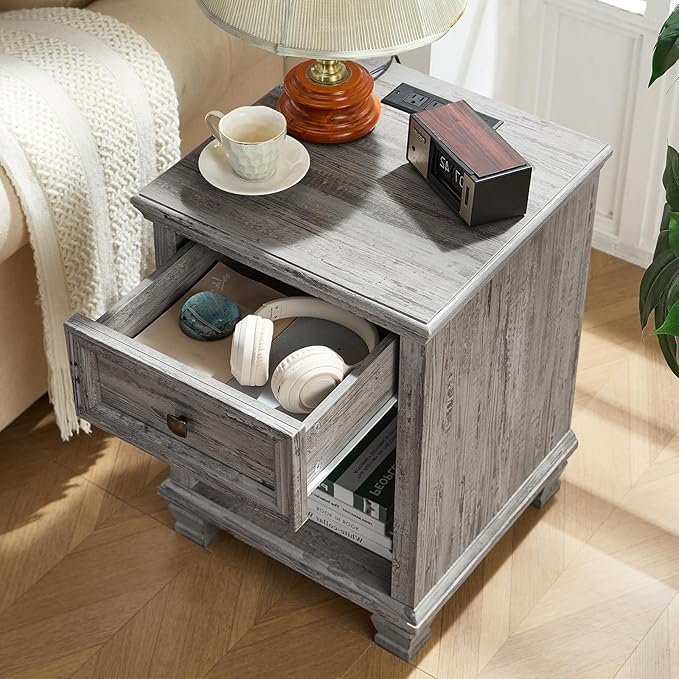 Farmhouse Side Table Set of 2 with Charging Station, Rustic Wood End Table with Drawer, Small Nightstands with Open Shelf for Bedroom, End Tables for Living Room, Grey