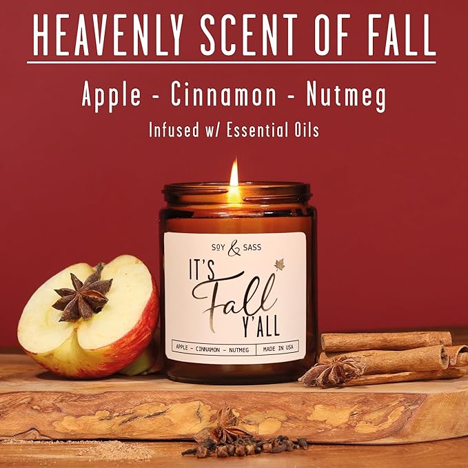 Fall Candles - 'It's Fall Yall' Candle w/Apple Cinnamon & Nutmeg I Infused with Essential Oils I Autumn Scented Candles I Cozy Cute Décor Gifts I 9oz Jar I 50Hr Burn I Made in USA