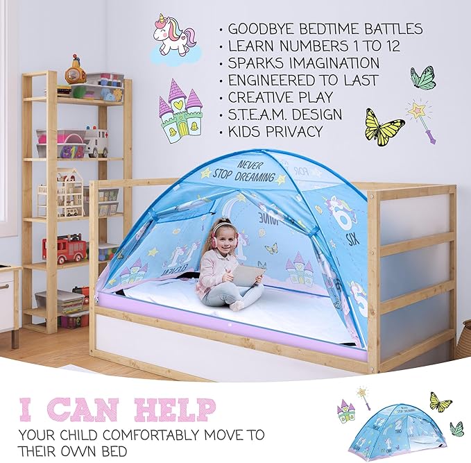 Pink Unicorn Twin Bed Tent for Kids Indoor Fort - Magical Dream Tents for Boys Pop Up Toddler Bed Canopy for Girls Bunk Bed Tent for Top Bunk - Sensory Sleep Pod for Kids Educational