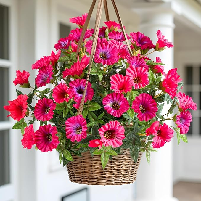 4 Pcs UV Resistant Artificial Petunias Fake Flowers Artificial Flowers for Outdoors Silk Flowers Fake Hanging Basket Plants Suitable for Outdoor Porch Decoration patio Decor 13.3In (Rose red)