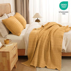 PHF 100% Cotton Waffle Weave Throw Blanket, Soft Lightweight Breathable Cozy Summer Throws for Couch Bed Sofa, Luxury Aesthetic Woven Blanket for Home Decor & Office, 50"x60", Ginger/Honey Yellow