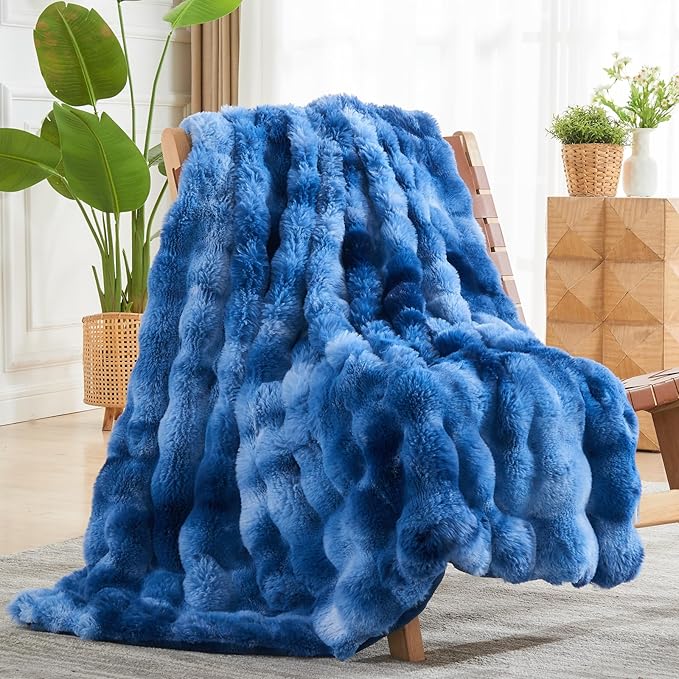 NEWCOSPLAY Faux Fur Throw Blanket Indigo Luxury Fluffy Thick Warm Bubble Blanket for Couch Sofa Bed 700GSM (Indigo, Throw(50"x60"))