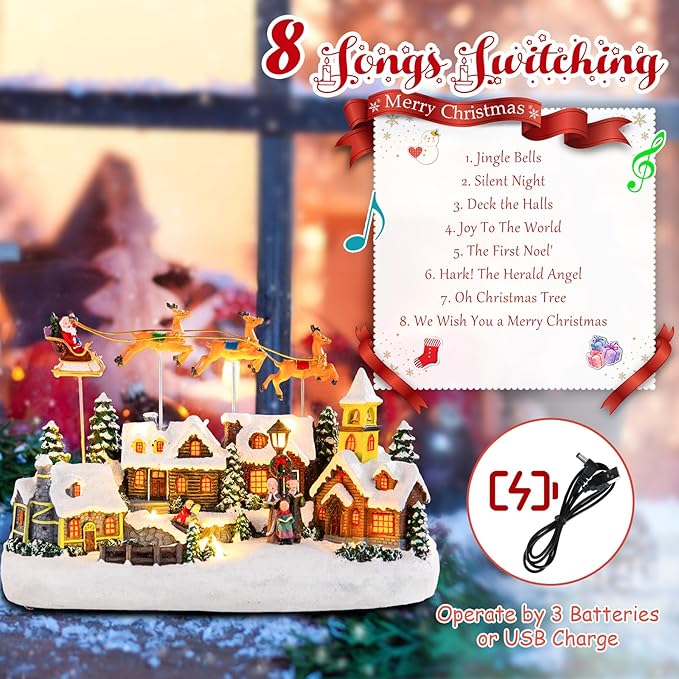 taman Christmas Village Collectible Buildings - Santa Claus Riding Sleigh with 3-Elk Warm Light Christmas Ornaments for Holiday Decorations