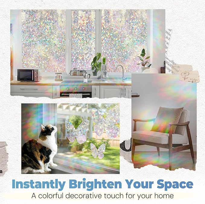 DOWELL Window Privacy Film Rainbow Film, Stained Glass Decorative Sticker, Static Cling Non-Adhesive Glass Clings, Sun Blocking Heat Control Window Coverings for Home Door, 17.5" x 157.4"