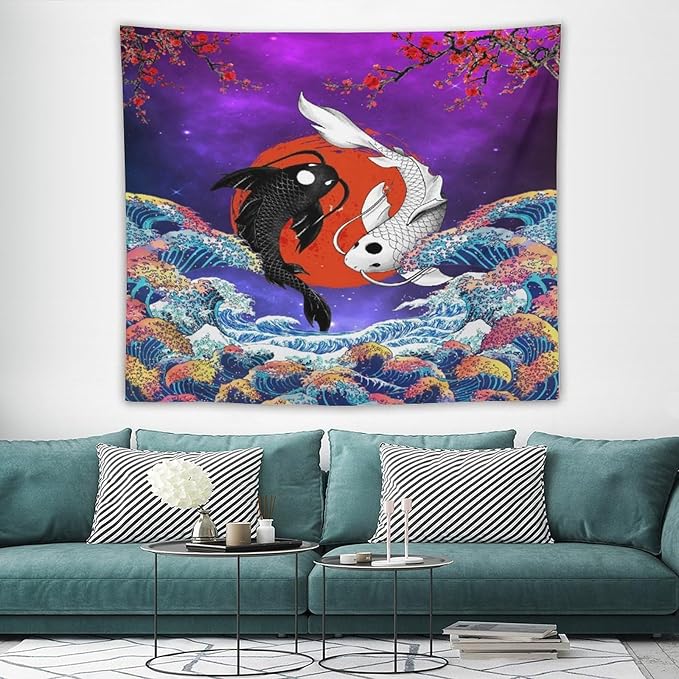 Houselerax Japanese Koi Fish Tapestry, Yin Yang Big Wave Cherry Blossom Tapestries Wall Hanging for Bedroom Living Room Office Decor 60"x50"