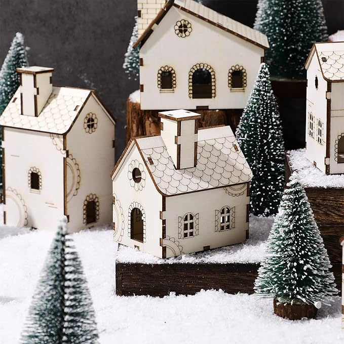 Hiboom 12 Pcs DIY Christmas Village Sets Wood Gingerbread Houses Christmas Mini Wooden House Gift for Winter Xmas Party Crafts Decorations
