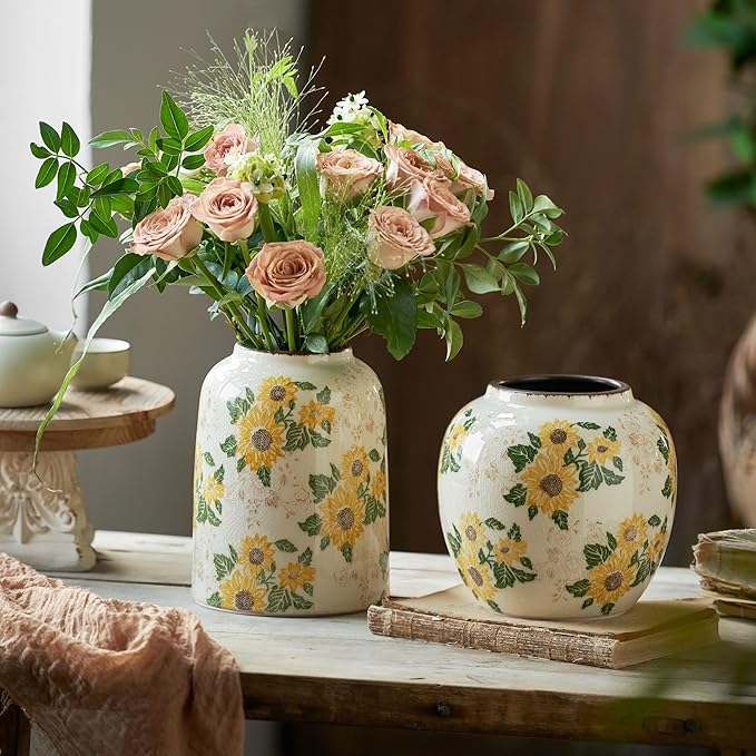 Levvohd Round Pastoral Ceramic Vase, 6.3 Inch Vintage Sunflower Yellow Floral Retro Ice Cracked Rustic Antique Flower Vases for Living Room Home Decor (Large Round)