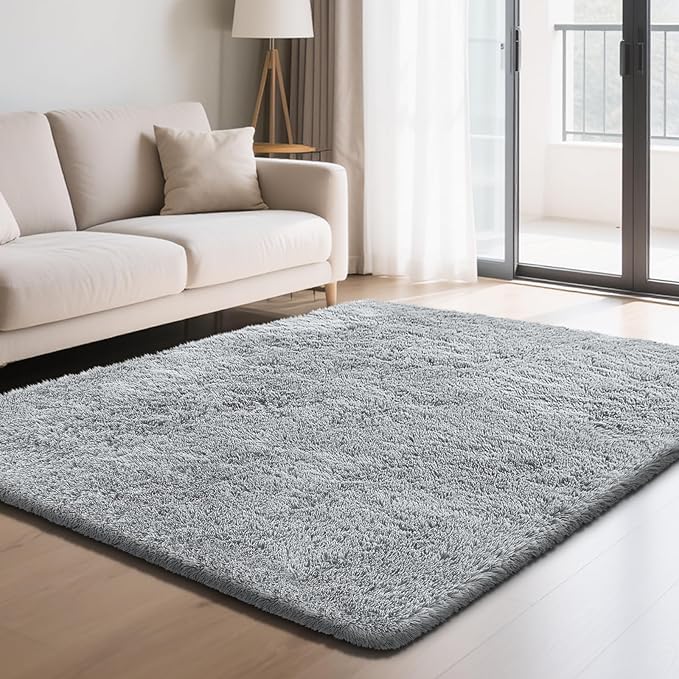 Fluffy Rug Shaggy Area Rug, Grey 4x6 Area Rugs for Bedroom, Small Bedside Rug, Soft Fluffy Shaggy Entryway Throw Rugs for Living Room Bedroom Kids Room Home Decor