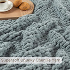 Chunky Knit Blanket Throw, 100% Hand Knit Throw Blanket Handmade Chenille Cable Knit Throw for Couch, Stylish Cozy Soft Rope Knot Crochet Blanket for Home Decor, Chambray Blue, 50x60 Inches