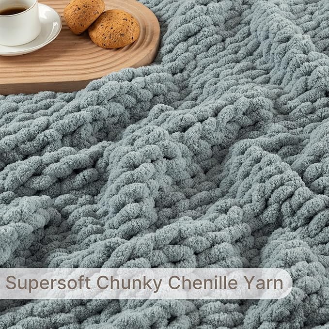 Chunky Knit Blanket Throw, 100% Hand Knit Throw Blanket Handmade Chenille Cable Knit Throw for Couch, Stylish Cozy Soft Rope Knot Crochet Blanket for Home Decor, Chambray Blue, 50x60 Inches