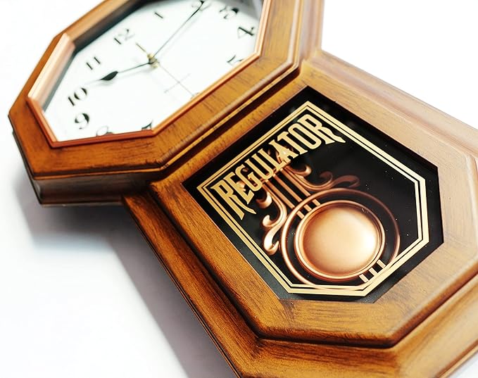 Classic Antique Mini Pendulum Wall Clock, Wood Simulated Vintage Bronze Texture, Non Ticking Silent Sweep Quartz Movement, Width 11.4”, Length 18.5”, Retro Rustic Country Style, Plastic Frame