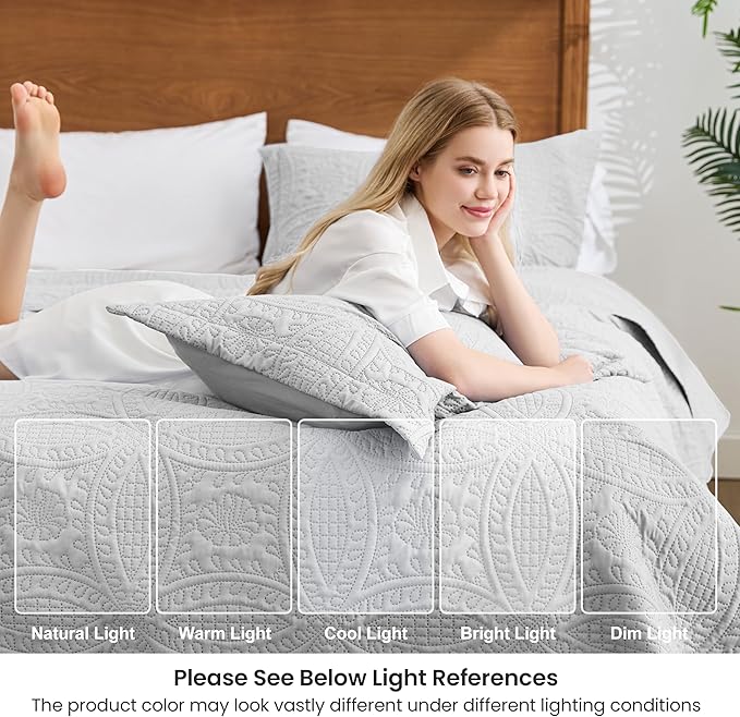 Love's cabin Quilts for Full Bed Light Grey Bedspreads Bedding Set - Lightweight Bedspread Comforter - Coin Pattern Bedding Coverlet for All Season - 3 Pieces (1 Quilt, 2 Pillow Shams)