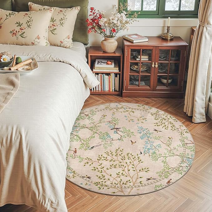 jinchan Round Rugs 4ft Beige Botanical Birds Print Machine Washable 4' Circle Nature Plants Modern Soft Non Slip Throw Area Rugs Ultra Thin Low Pile Carpet for Entryway Bedroom Kitchen Room