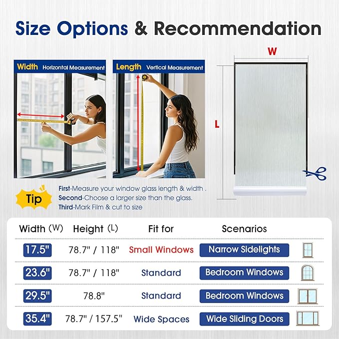 Privacy Window Film Static Cling, Frosted Glass Decorative Window Film with 96% UV Blocking, Non-Adhesive Removable Window Cling for Home Office Bathroom, 17.5 x 157.4 Inches, Pure