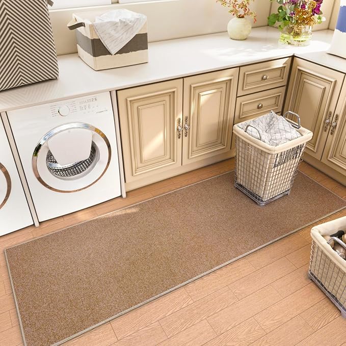 Door mat with Non Slip Rubber Backing, Washable Soft Floor Carpet for Kitchen, Hallway, Entryway Indoor, Bedroom, Laundry, Low Pile Area Rugs, Solid Color with Pointillism Style, 2 * 3 ft Brown