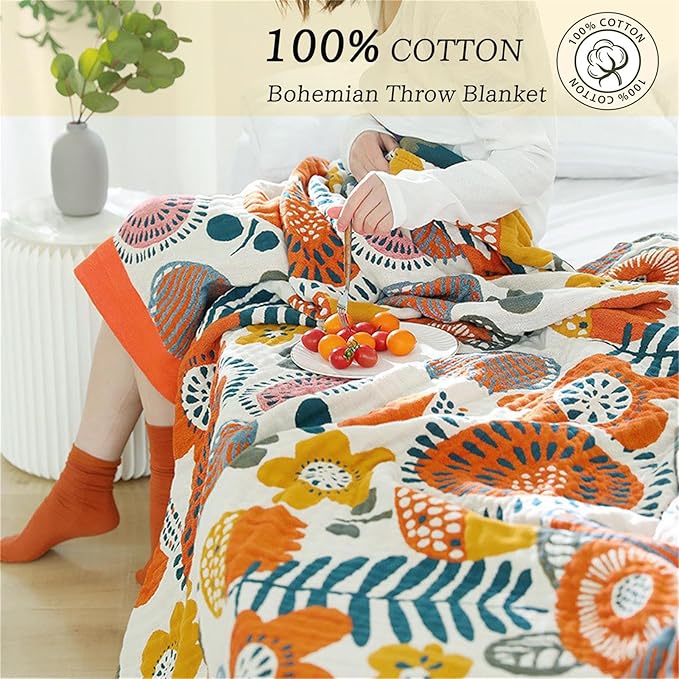 Throw Blanket Queen Size Summer Blanket for Couch Bed 80''x90'',100% Cotton Woven Muslin Blankets Travel Soft Warm Mexican Blanket Boho Quilt Home Decor for Women
