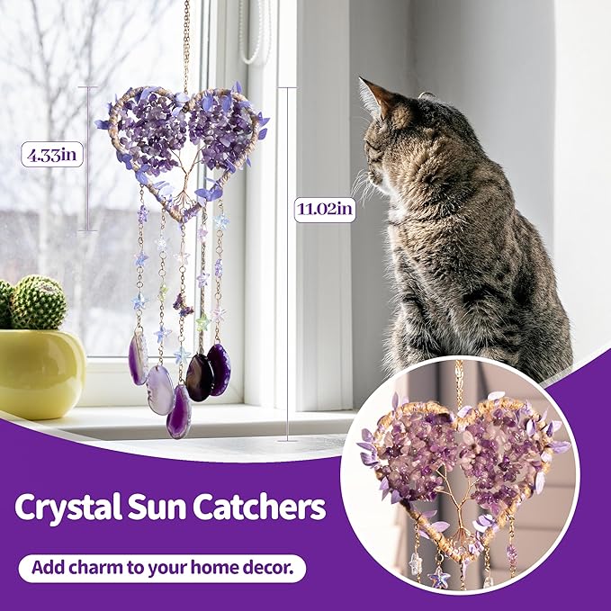 Tree of Life Dream Catchers, Dreamocean Amethyst Crystal Suncatcher Heart Rainbow Sun Catcher Window Wall Hangings Outdoor Garden Decor for Adults Girls