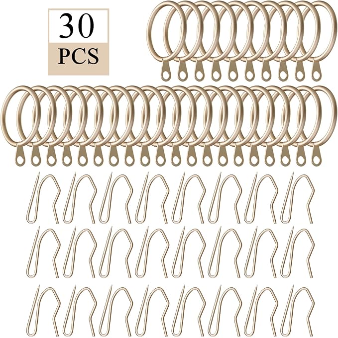 Hotop 30 Pcs Metal Drapery Curtain Rings 0.98/1.26/1.65 inch Interior Diameter and 30 Pcs Hanging Curtain Drapery Pin Hooks for Window Door Shower(42mm,Champagne Gold)