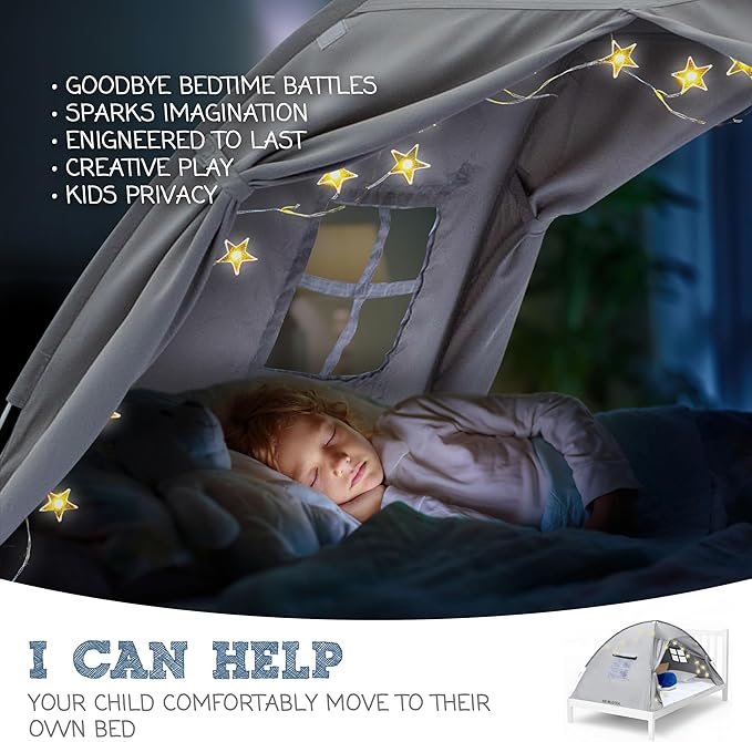 Gray Full Bed Tent for Kids Indoor Fort - Magical Dream Tents for Boys Pop Up Toddler Bed Canopy for Girls Bunk Bed Tent for Top Bunk - Sensory Sleep Pod for Kids Educational