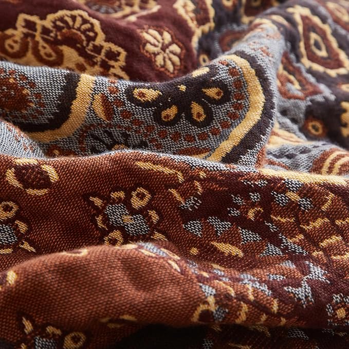 Boho Throw Blanket for Couch Sofa Bed, 100% Cotton Woven Quilt with Tassel 60”x80”, Super Soft Muslin Blanket with Patchwork Printed, Decorative Reversible Bed Blanket/Cover for All Seasons