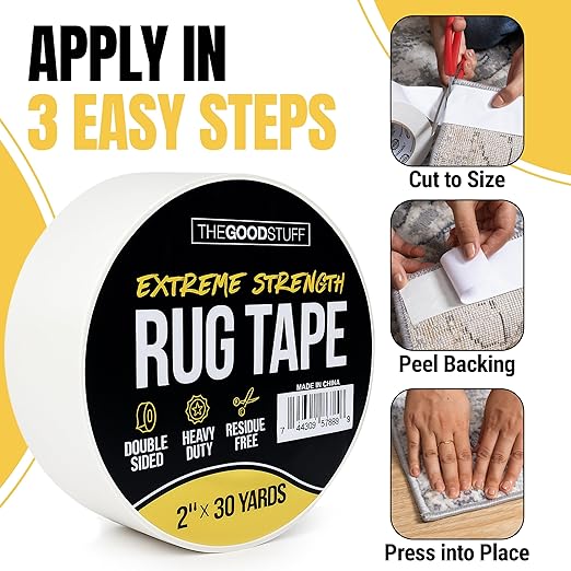 Double Sided Rug Tape [2 Inch x 30 yd] Carpet Tape for Securing Area Rugs to Carpets, Laminate, and Hardwood Floors, Easy to Remove and Restick Without Residue or Damage to Rug or Floor