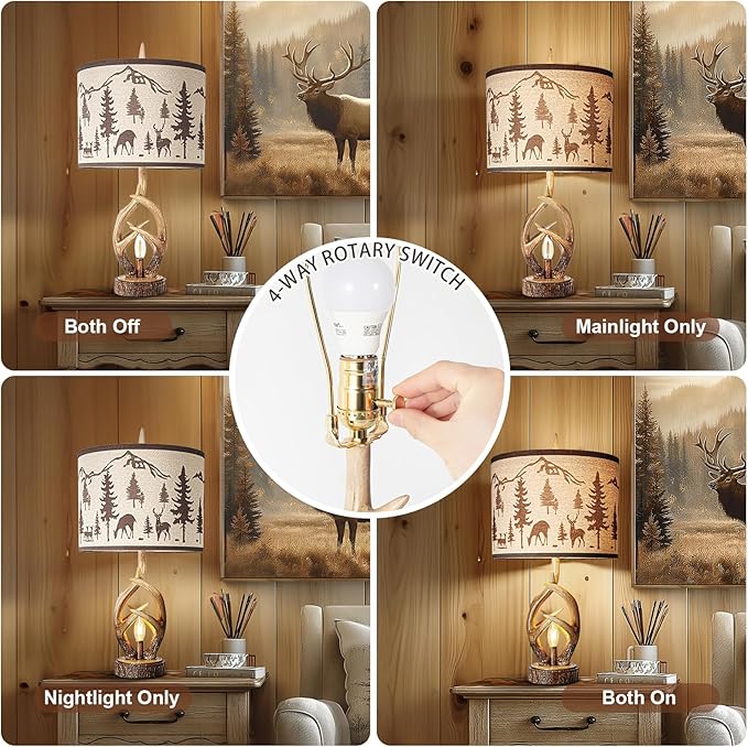 Scenekoy Antlers Style Table Lamp Set of 2 Rustic Bedside Lamp with Night Light Linen Fabric Shade Farmhouse Nightstand Lamps Decor for Living Room Bedroom House Home Office (Bulb Included)
