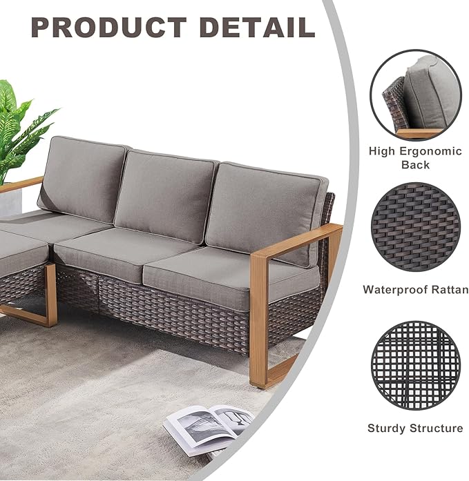 Outdoor Couch Wicker Patio Sofa, Rattan Patio Furniture Sofa with Sturdy Frame,All-Weather PE Wicker,Wide Armrest,Deep Seating and Thick Cushions for Deck Porch Garden(Brown/Grey)