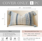 BlissBlush Decorative Lumbar Throw Pillow Cover 14x24 Boho Coastal Blue Accent Cushion for Couch Sofa Farmhouse Pillowcase for Bedroom Living Room Home Décor Cover ONLY