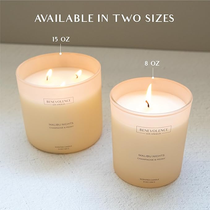 Champagne & Peony – Benevolence LA Large 3-Wick Fall Scented Candle for Home | 15oz, 50-Hour Burn | Natural Soy Wax, Cotton Wicks | Romantic Autumn Fragrance | Malibu Sands Collection – Gift for Women