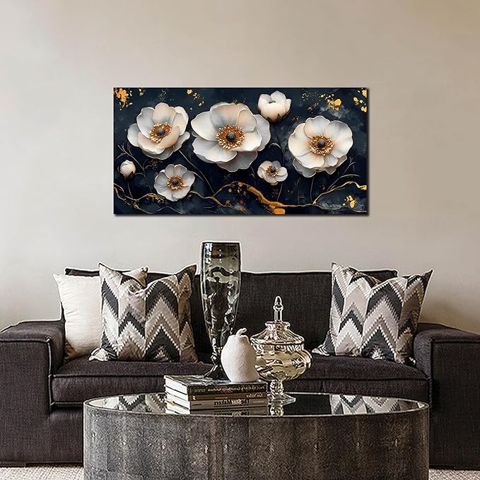 White Flower Wall Canvas Art for Bedroom - Black and White Wall Art for Living Room - Home Office Decor Wall Size 20" x 40"