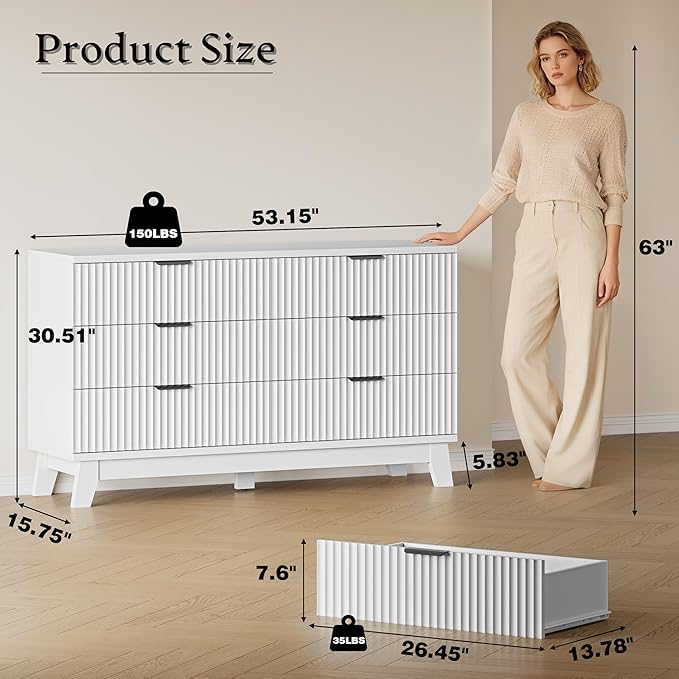 53" Long Dresser for Bedroom, 6-Drawer Dresser with Fluted Fronts, Wide Wood Chest of Drawers, Smooth Metal Slides, Stable Base, Modern Clothes Storage Cabinet for Living Room, Hallway